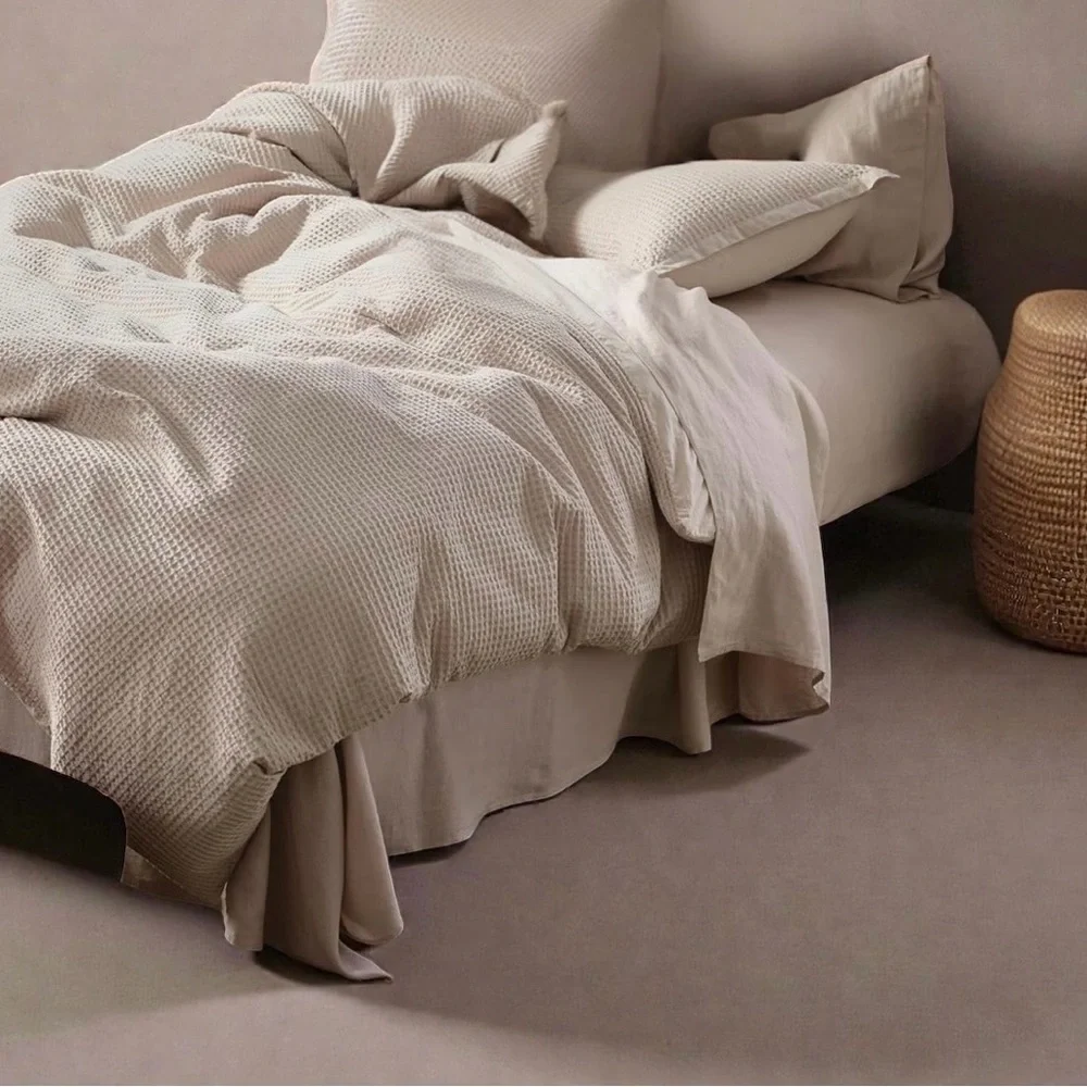 NEW West Elm Beige Waffle Weave Queen King 100% Cotton Bedding Duvet & Sham Set